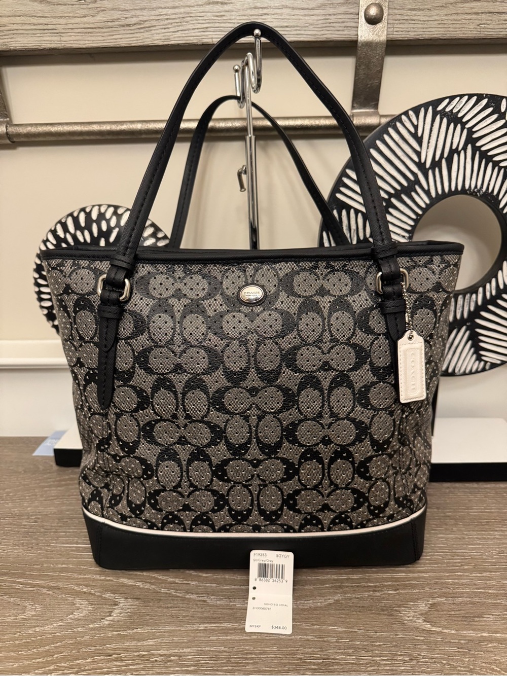 Coach Peyton Black and Gray Signature Canvas Tote